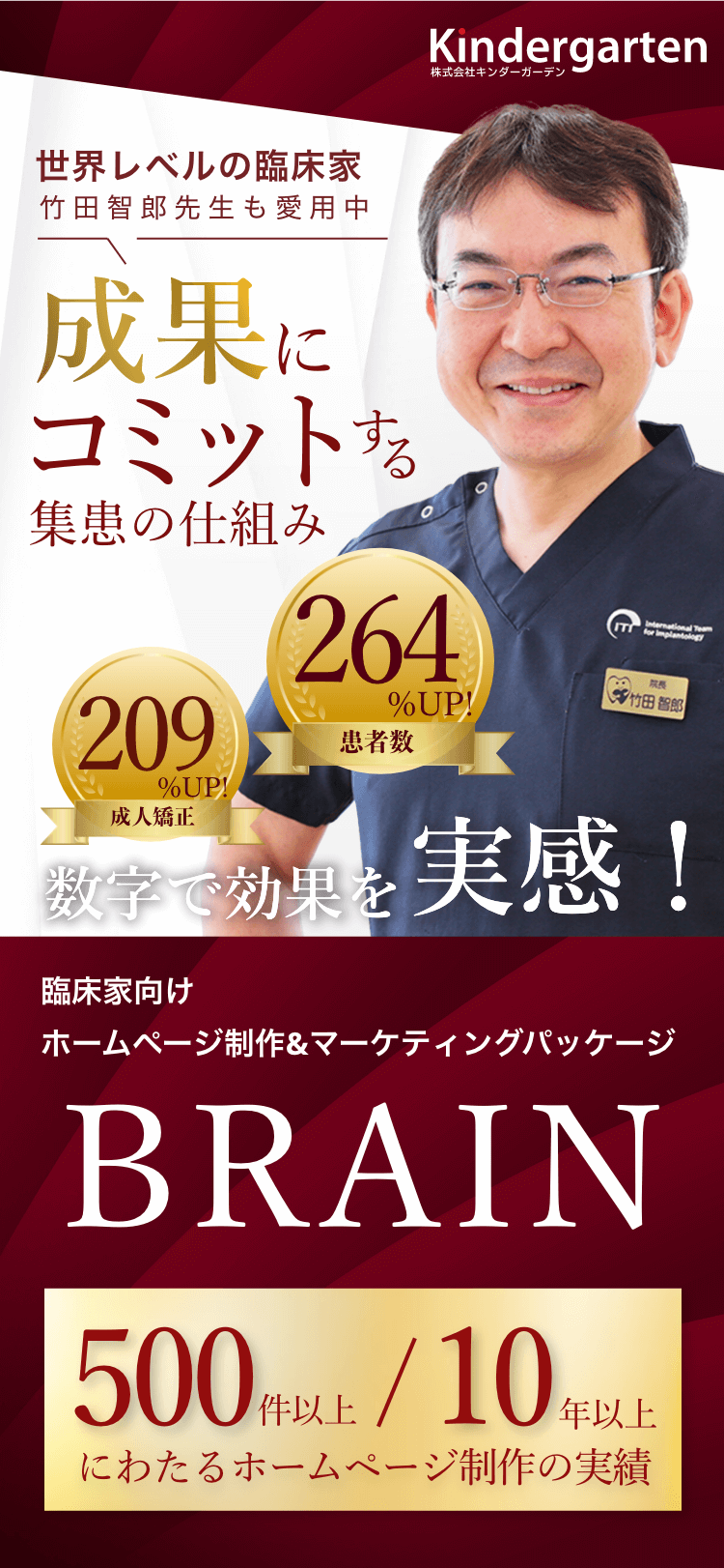 世界レベルの臨床家 竹田智郎先生も愛用中 成果にコミットする集患の仕組み 成人矯正209%UP! 患者数264%UP! 数字で効果を実感! 臨床家向け ホームページ制作&マーケティングパッケージBRAIN 500件以上 10年以上にわたるホームページ制作の実績